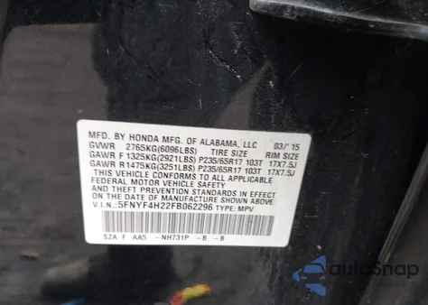 2015 Honda Pilot Lx from USA, damaged, VIN 5FNYF4H22FB062296